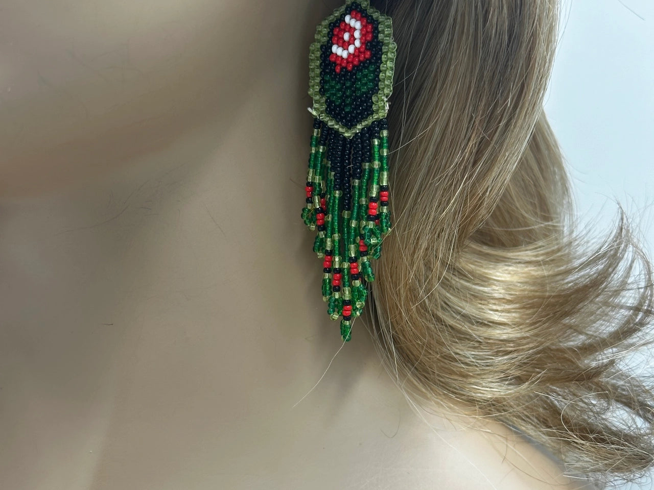 Handmade beaded Rose green Red dangle hook earrings