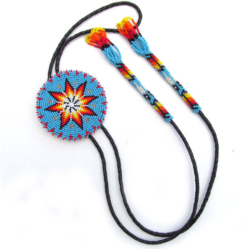 Handcrafted Cyan Blue Seed Beaded leather Bolo Tie with Star Pattern