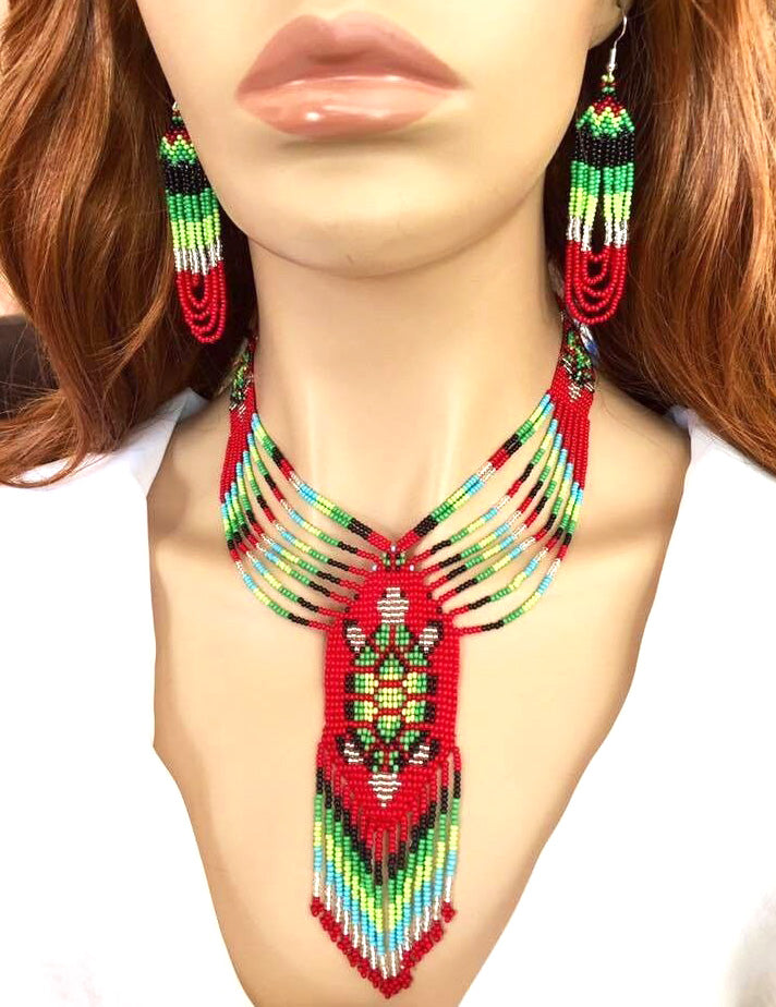 Turtle Beadwork Red Green Gold Beaded Lariat Necklace Earrings Set