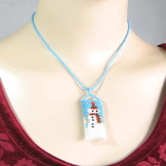 Turquoise White Seed Beaded Snowman Beadwork Necklace
