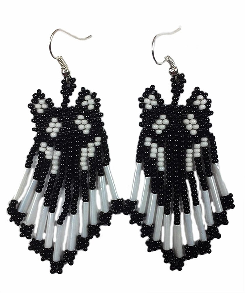 Handmade Beaded Black Seed Bead Wolf Big Earrings