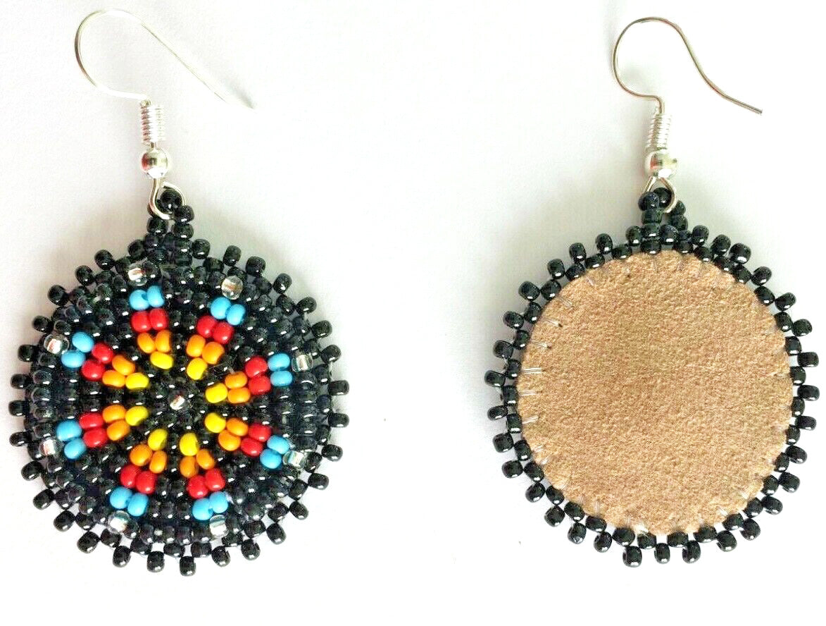 Handmade Beaded Round Black Earrings with Flower Design | Lightweight and Comfortable