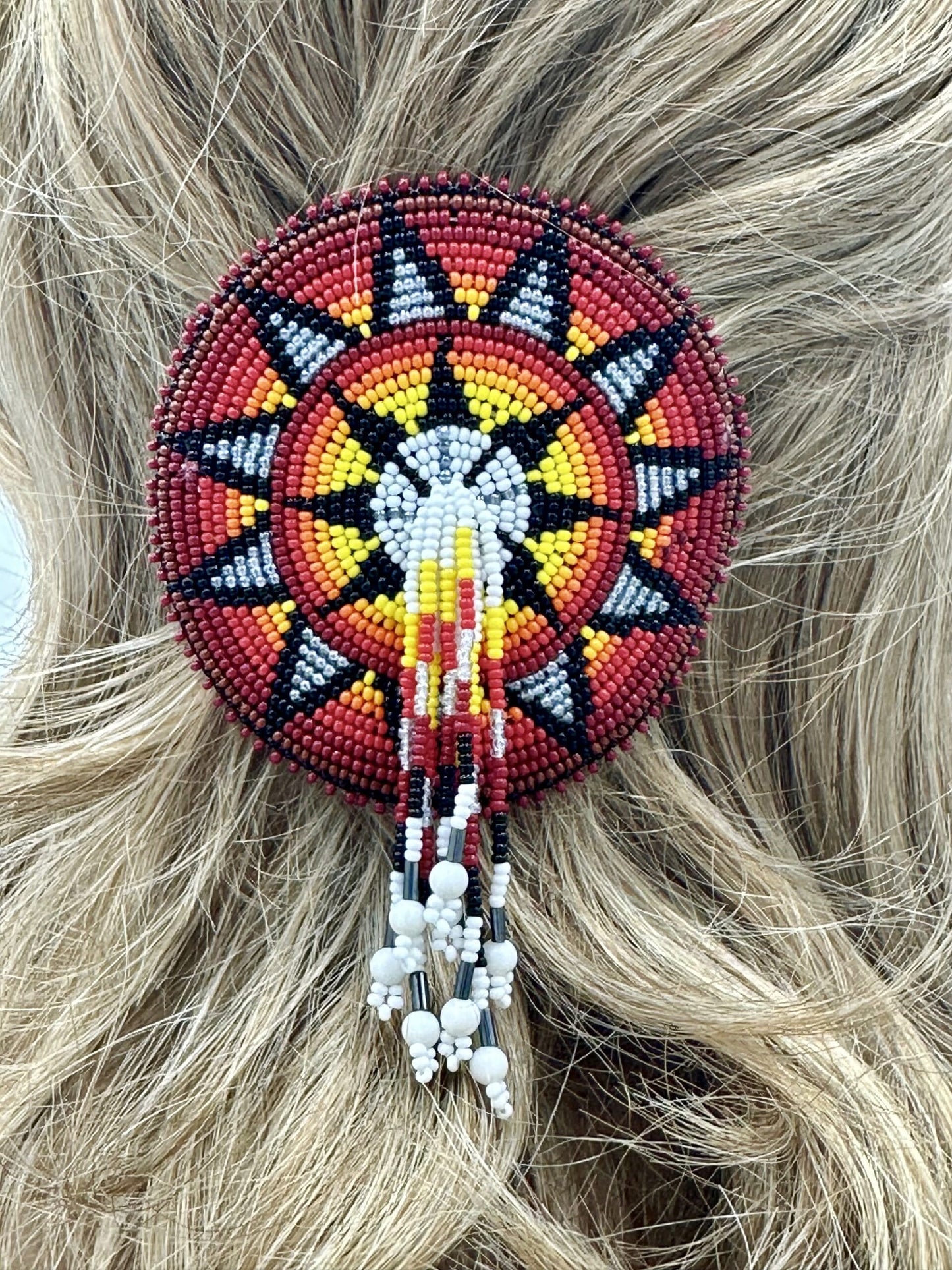 Handcrafted Flower Pattern Red Black French Barette with Czech Beads and Suede Leather, 4.5 inch Diameter