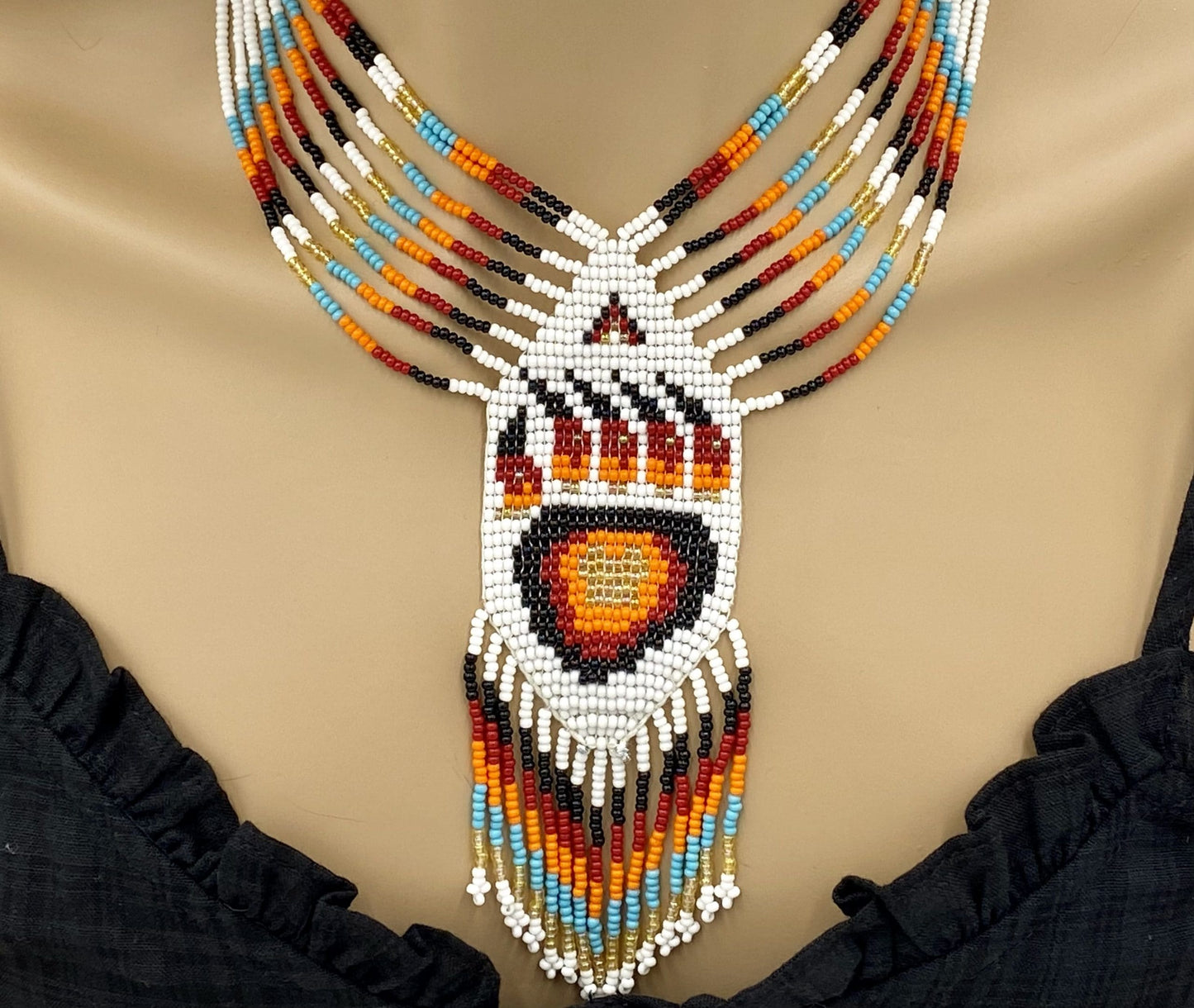 Handmade Beaded Red Bear Paw Statement Necklace Earrings Set