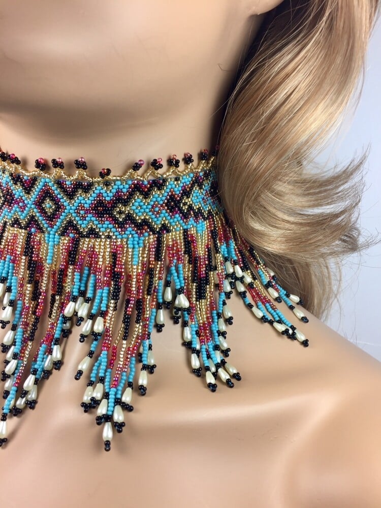 Handmade Cyan Blue, Red Statement Choker Necklace