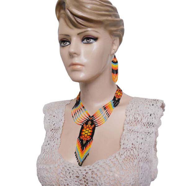 Fiery Orange Black Turtle Beaded Necklace and Earrings Set
