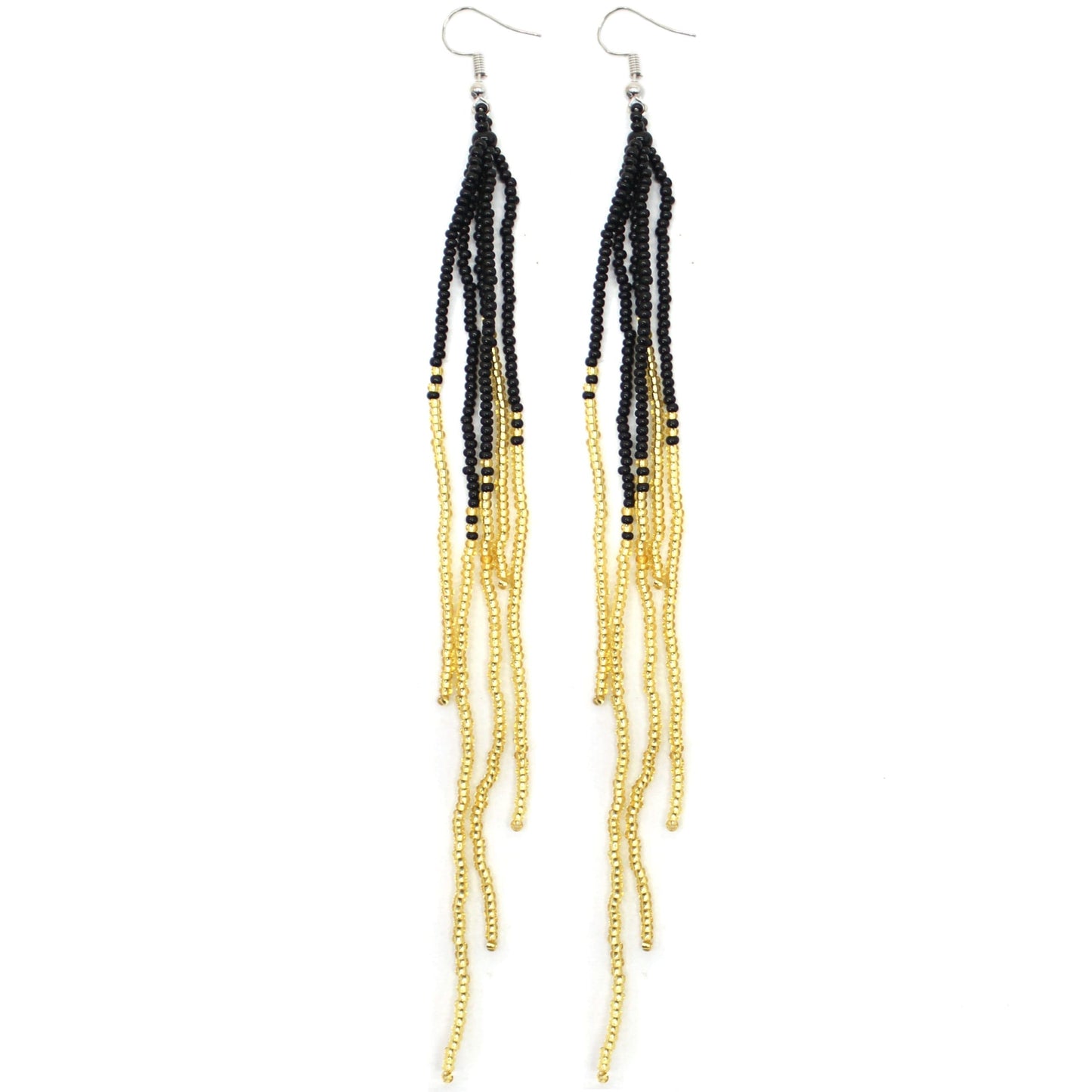 Handmade beaded extra-long Gold Black hook dangle earrings.