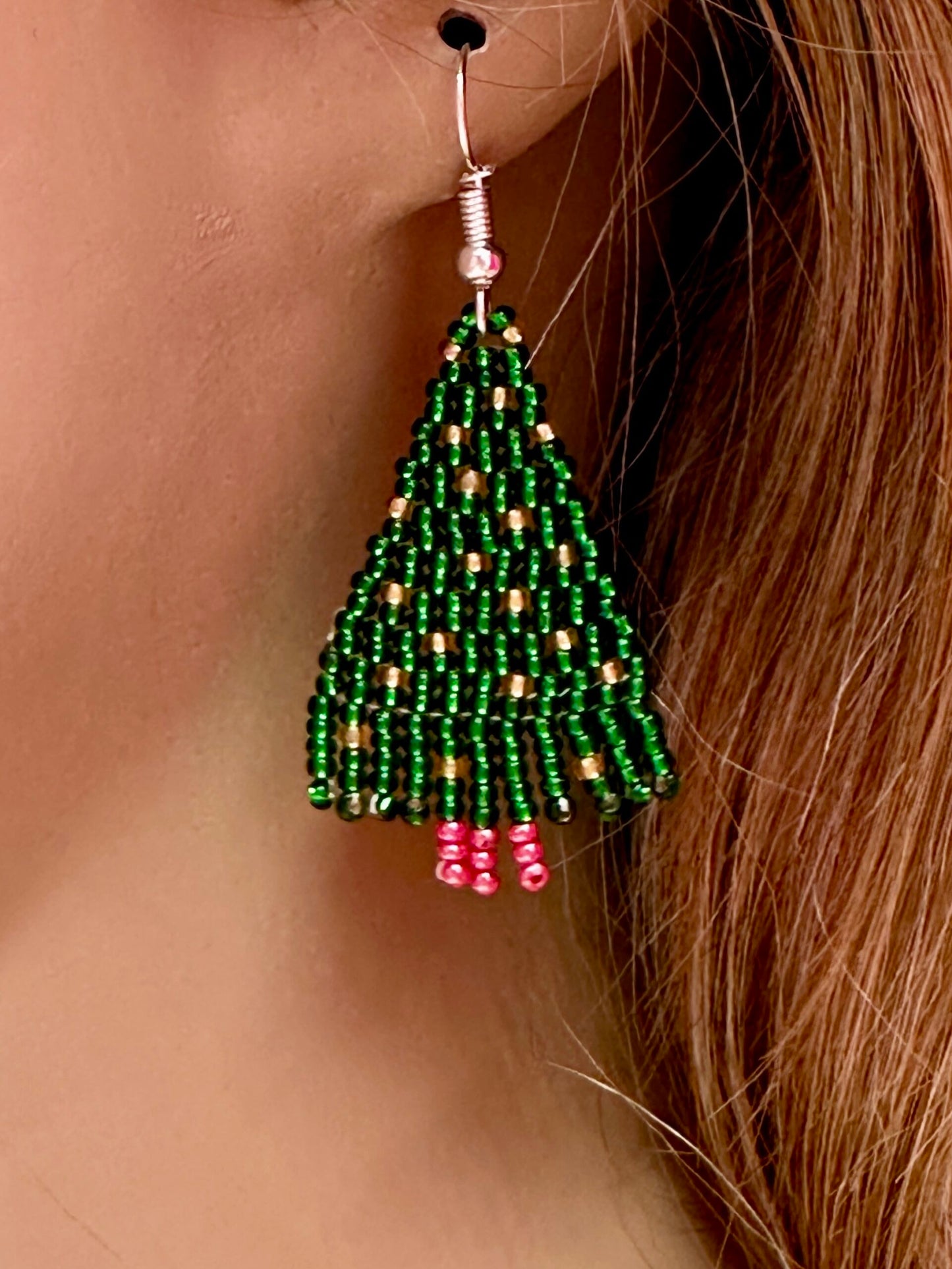 Handmade beaded Christmas tree hook drop dangle earrings