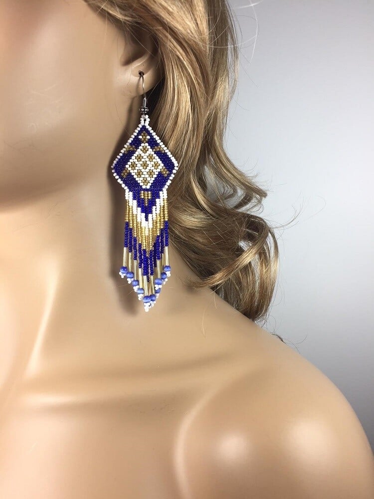 Handmade Blue Golden White Turtle Beaded Fringe Earrings with Steel Finish