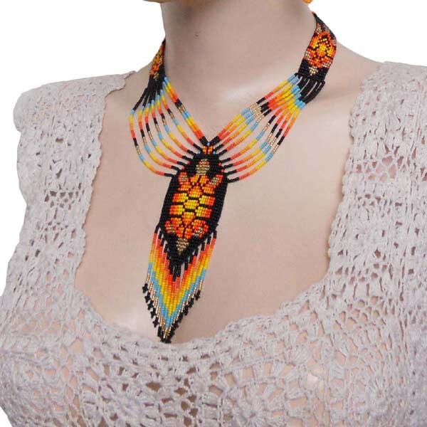 Fiery Orange Black Turtle Beaded Necklace and Earrings Set