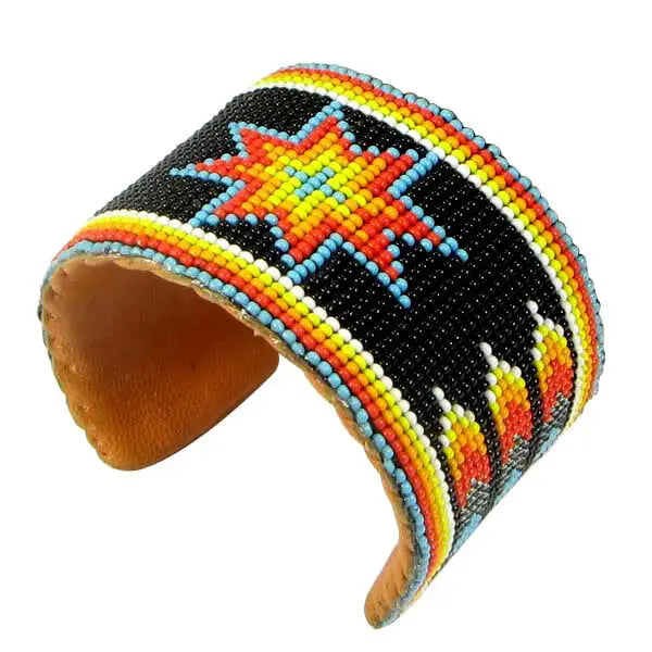 Handmade Seed Beaded Black Red Star Flower Pattern Hard Cuff Bracelet Leather - Adjustable, Unisex