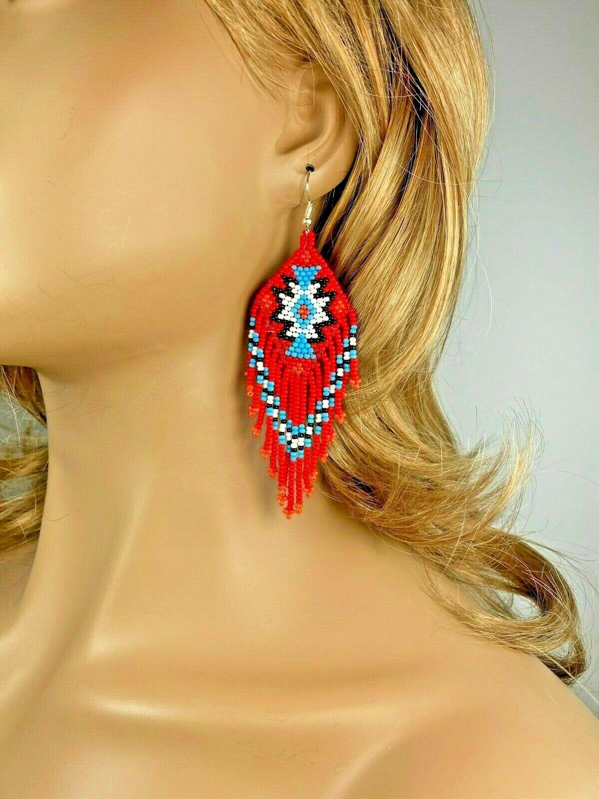 NATIVE STYLE ETHNIC RED WHITE BEADED HANDMADE CHANDELIER HOOK EARRINGS E61/14