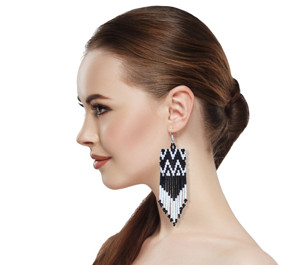 Handmade Beaded Black Seed Bead Native Style Earrings