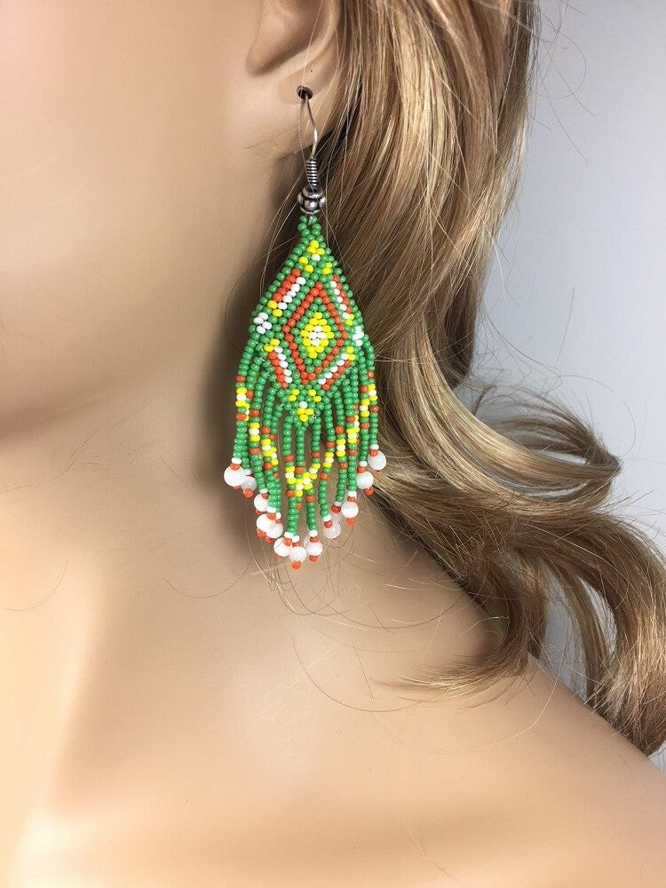 Vibrant Green & Multicolor Beaded Fringe Earrings