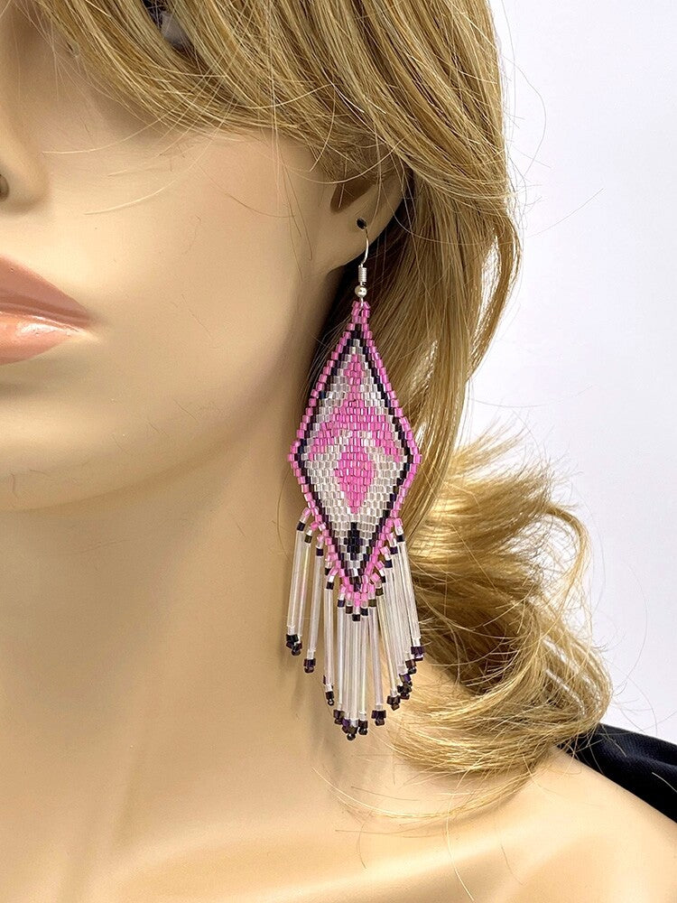 Handmade Beaded Pink White Delica Seed Bead Eagle Earrings
