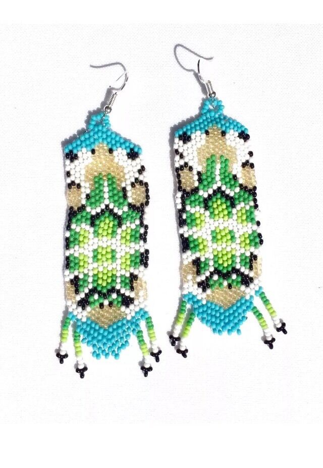Green Golden White Seed Beaded Turtle Beadwork Necklace Earrings Set