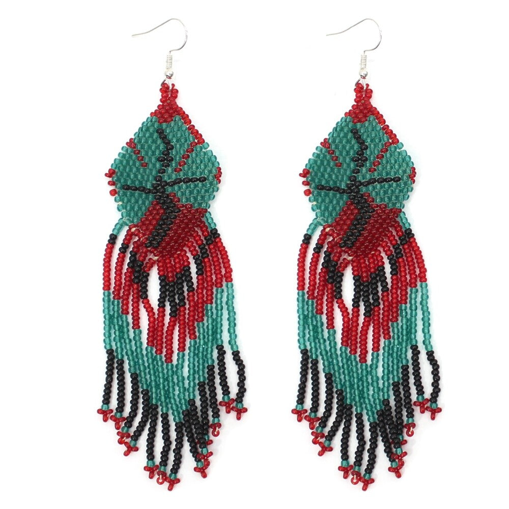 Vibrant Red and Blue Beaded Fringe Earrings