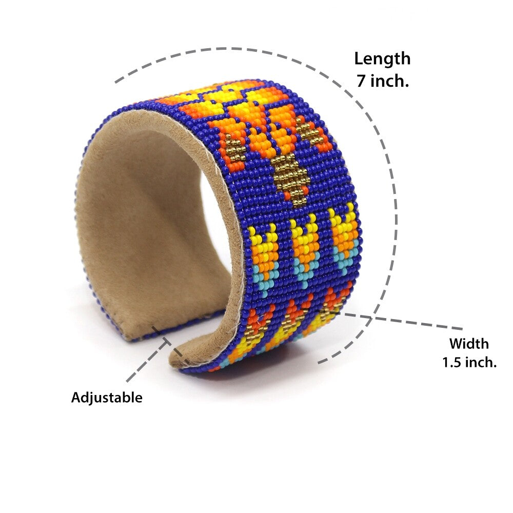 Blue Orange Turtle pattern Seed Bead Bracelet - Handmade Adjustable Cuff Wide Leather