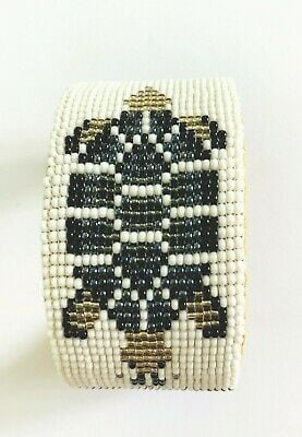 NATIVE STYLE HANDMADE GRAY WHITE TURTLE BEADED CUFF LEATHER BRACELET