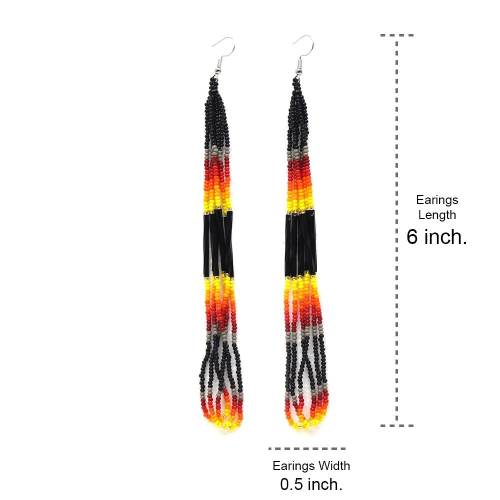Handmade Beaded Black Fire Color Long Loop Hook Earrings