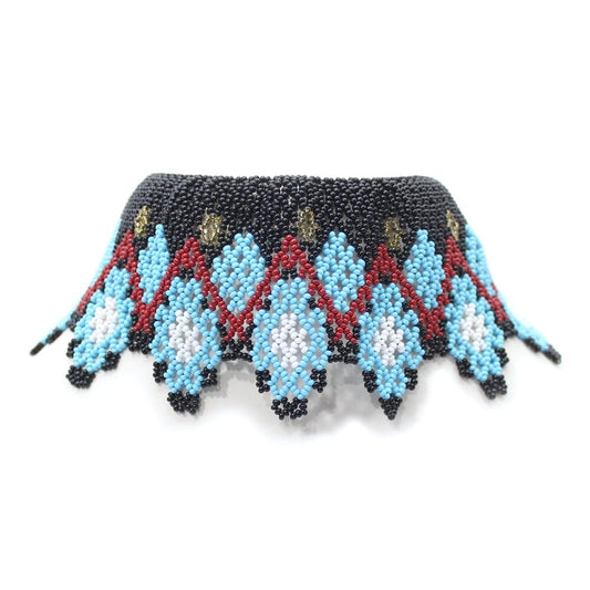 Handmade Beaded Cyan Blue Black White Gold Red Seed Bead Choker Necklace, Adjustable