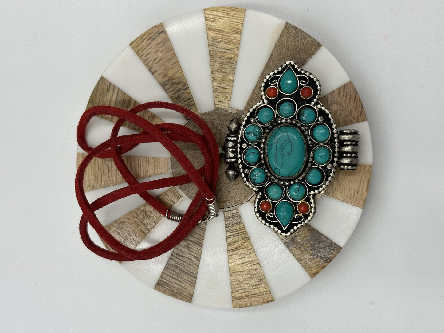 Handmade Ethnic Tibetan Amulet/Gau Box Pill Holder Pendant with Engraved Turquoise Stone