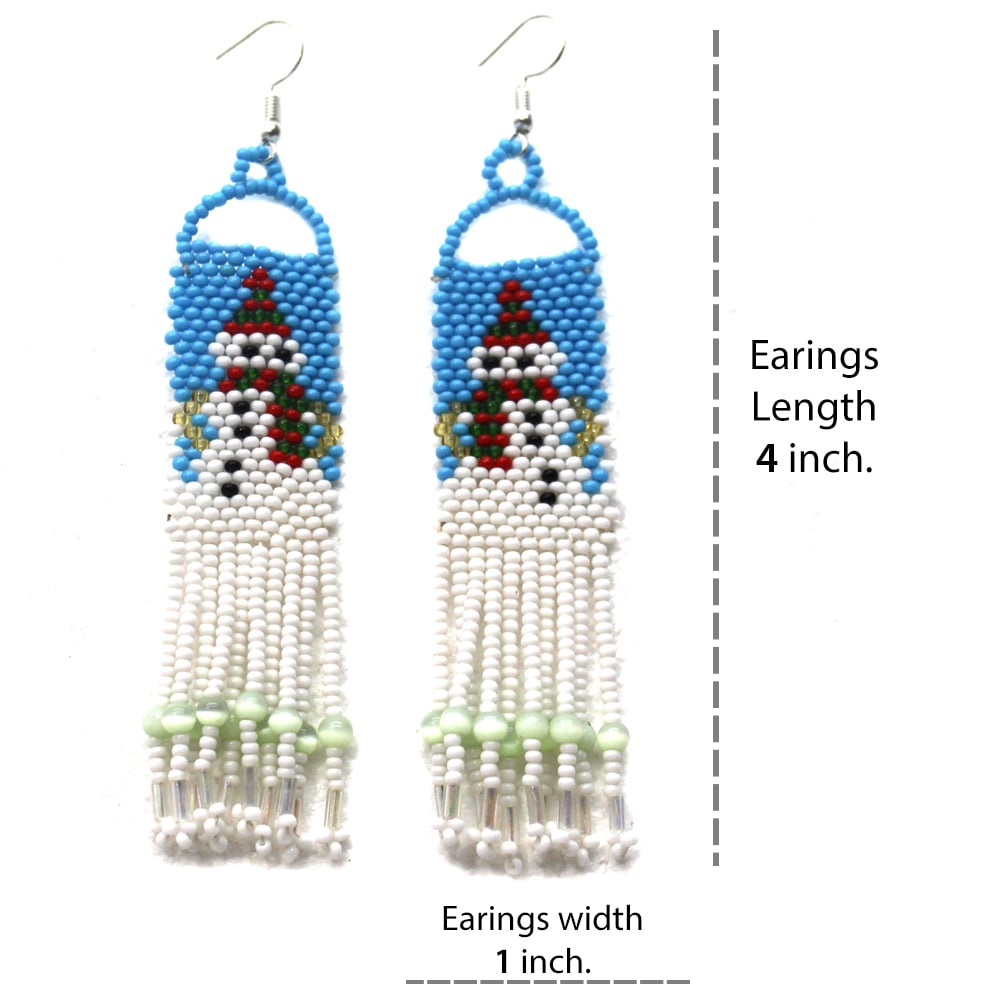 Festive Blue & White Snowman Seed Beaded Earrings
