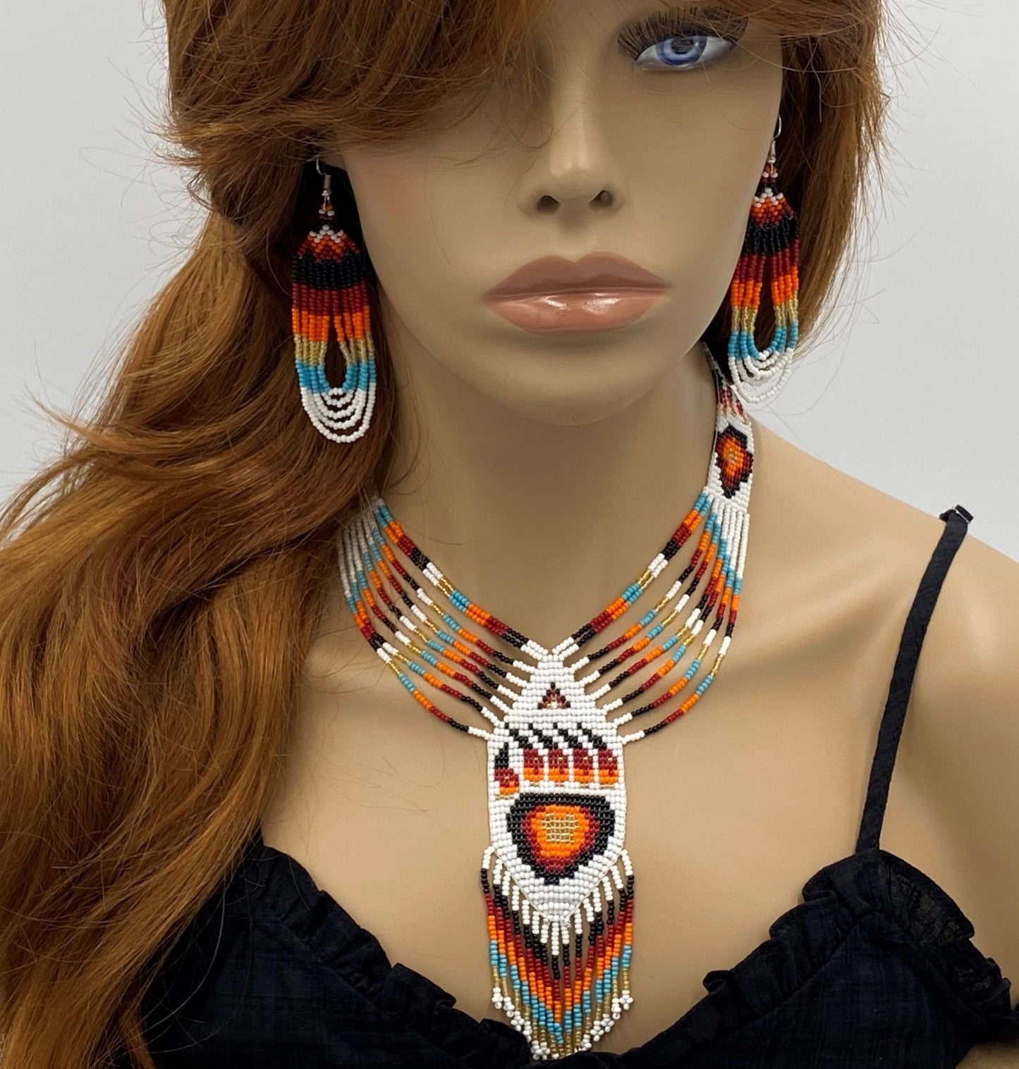 Handmade Beaded Red Bear Paw Statement Necklace Earrings Set