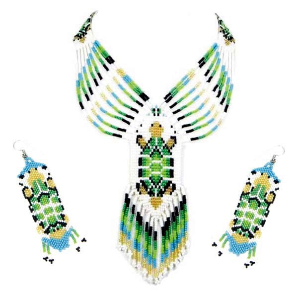 Green Golden White Seed Beaded Turtle Beadwork Necklace Earrings Set