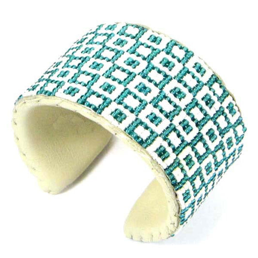 Handmade White Green Geometric Pattern Leather Hard Cuff Bracelet