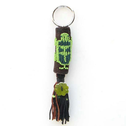 Green Seed Beaded Turtle Beadwork Keyring Charm Leather