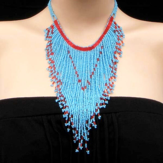 Handmade Beaded Turquoise Blue Seed Bead Bib Necklace Lariat