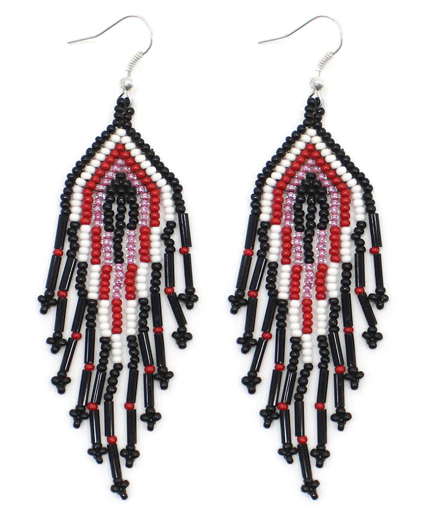 Black Pink Seed Beaded Bib Necklace Earrings Set