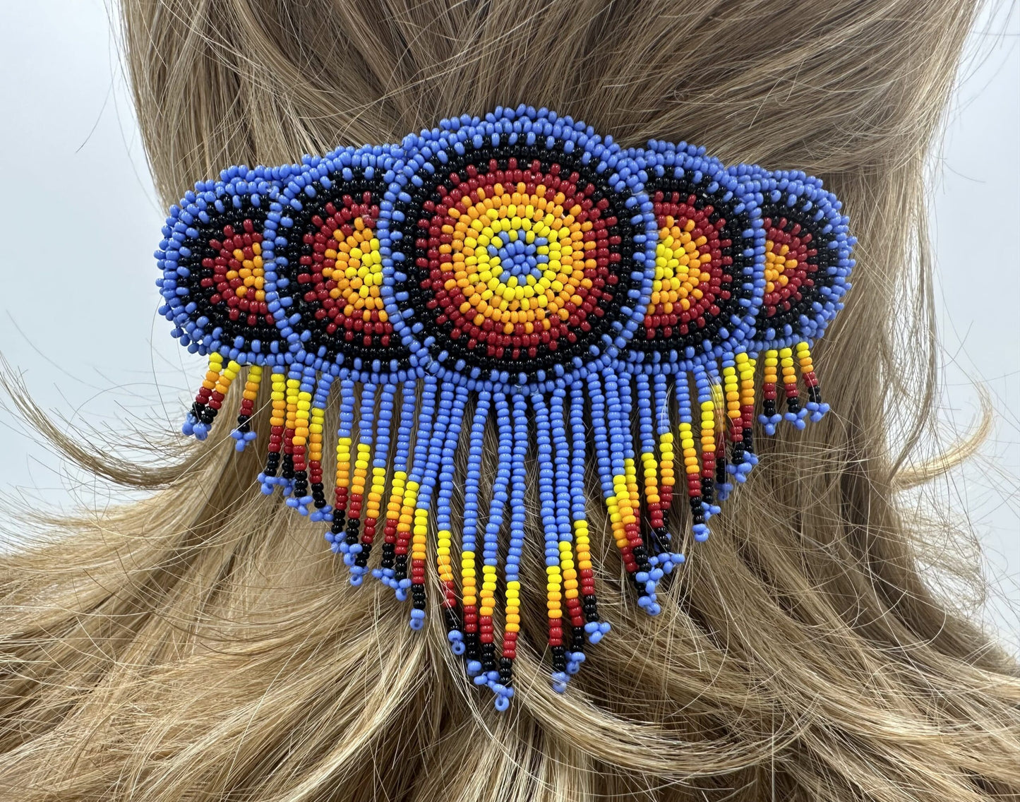 Handmade beaded Lavender, Black Native style fringe French barrette