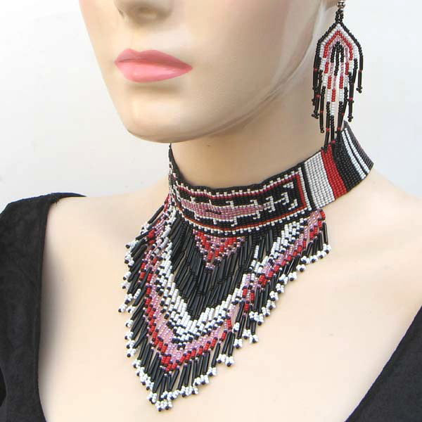 Black Pink Seed Beaded Bib Necklace Earrings Set