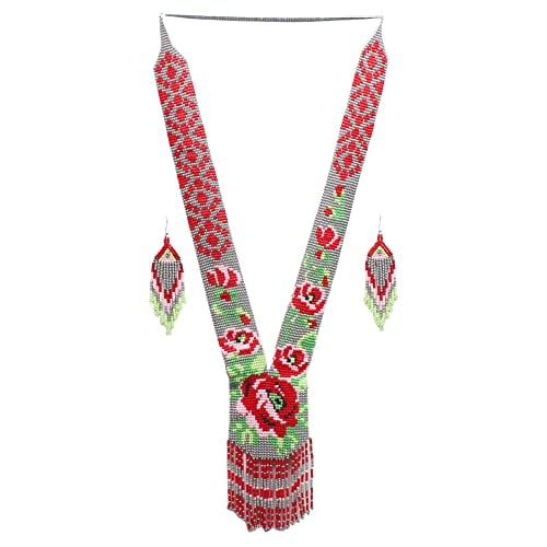 Native Tribal Style Long Statement Beaded Necklace for Women Y Shape - Gray Red Flower