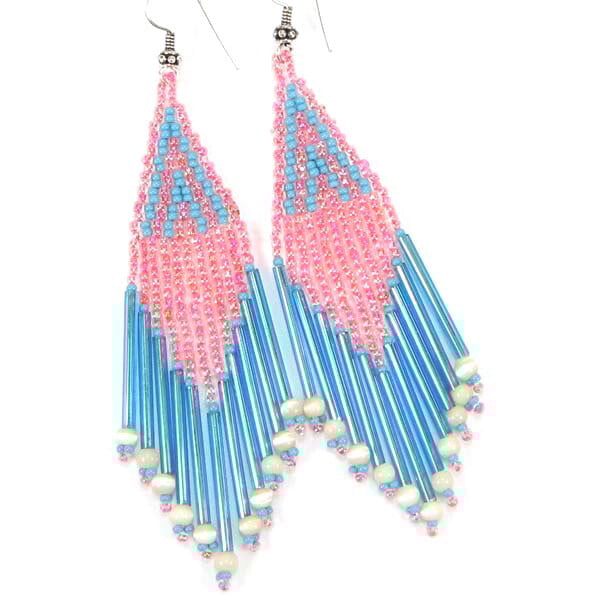 Handmade Beaded Pink Blue Bugle Seed Bead Big Earrings
