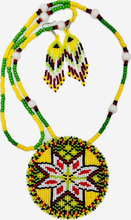 Handmade beaded Yellow Flower Medallion necklace earrings set