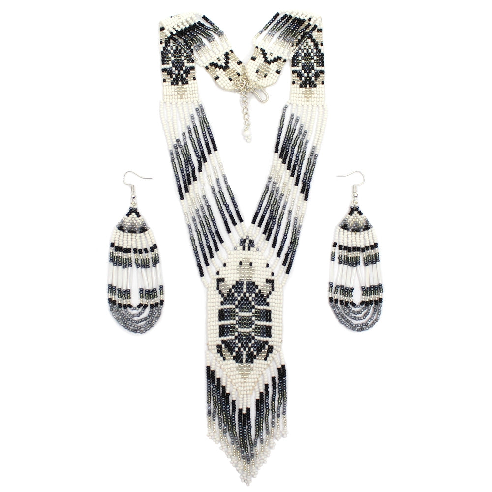 Turtle Grey Chunky Native Style Inspired Beaded Necklace Earrings Set