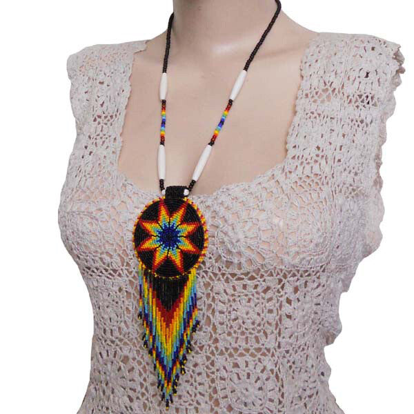 Black Fire Seed Beaded Star Medallion Necklace Earrings Set