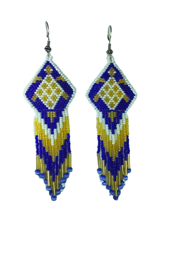 Handmade Blue Golden White Turtle Beaded Fringe Earrings with Steel Finish