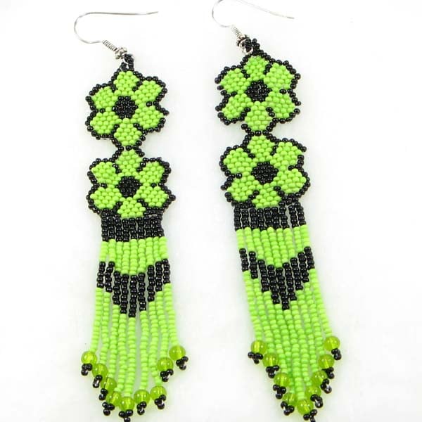 Native Style Ethnic Black Green Flower Beaded Handmade Hook Earrings E10/1