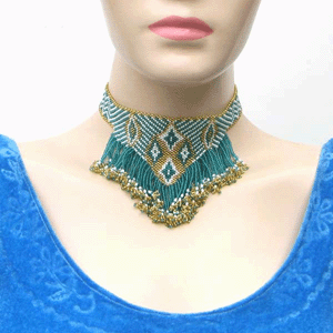 Turquoise & Gold Diamond Pattern Beaded Choker
