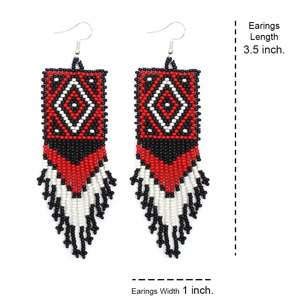 Handmade Beaded Black Red Seed Bead Medicine Mens Eye Big Earrings
