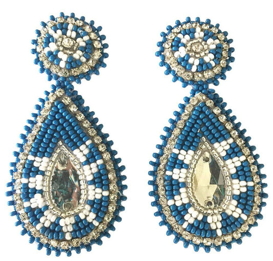 Handmade Beaded Teardrop Shape Post Earrings with Czech Seed Beads - 3 Inches Long, 1.5 Inch Wide - Blue White