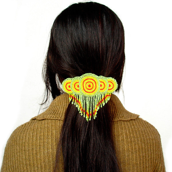 Beaded Barrette French Clip Yellow Green Rossette Fringe Beadwork