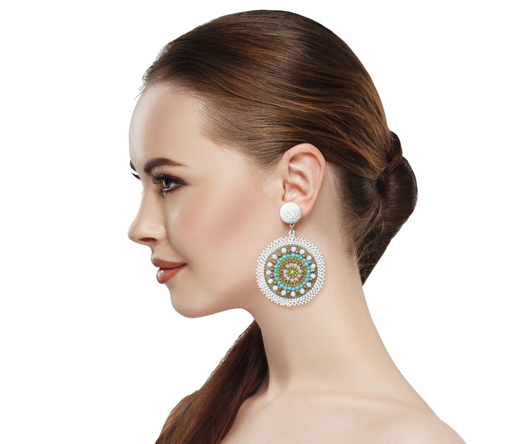 Handmade Beaded Bright Neon Colorful Post Round Earrings for Women Girl All Season - Pearl