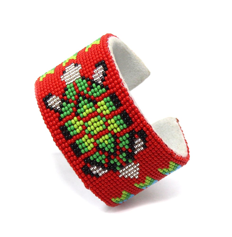 Handmade Beaded Red Green Turtle Leather Hard Cuff Bracelet - Adjustable