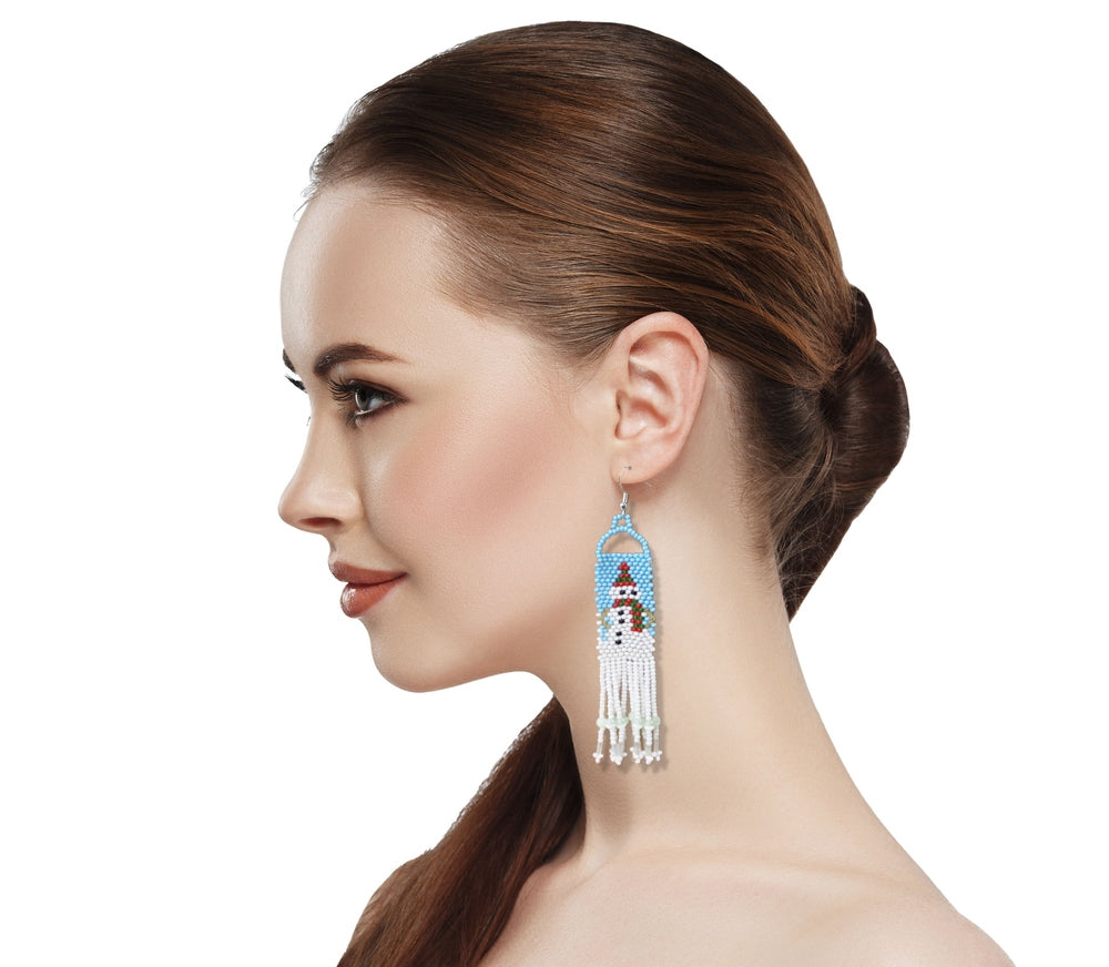 Festive Blue & White Snowman Seed Beaded Earrings