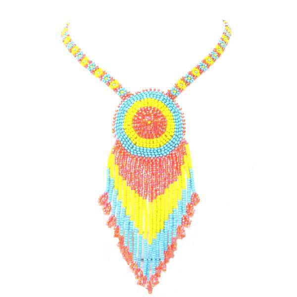 Vibrant Blue Orange Beaded Medallion Necklace